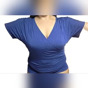 Womens Blue V-Neck Wrap Top